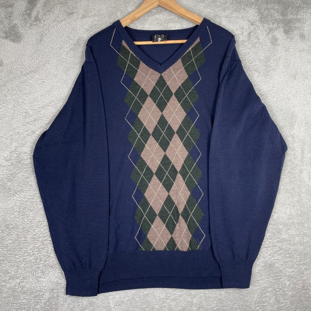 Jos A Bank Sweater Mens XL Blue Argyle Merino Wool V Neck Preppy Academic